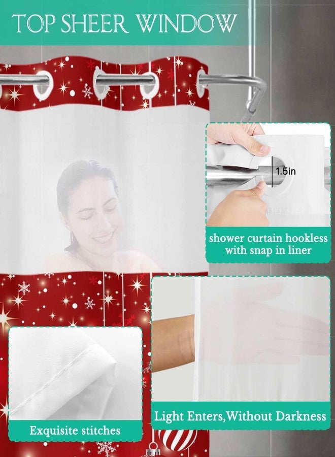 LooPoP No Hook Shower Curtain with Snap in Liner Set Christmas Tree Shower Curtains for Bathroom Waterproof Fabric Red Christmas Balls Bath Curtain with See Through Mesh Top Window for Hotel Spa 72x72 Inch - Image 4